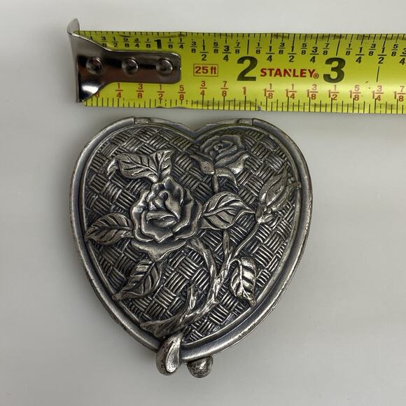 Vintage Pewter Double Compact Mirror & Picture Three Roses w/Basket Weave Clasp - Picture 4 of 6
